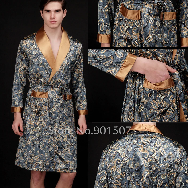 

Men's Bathrobe Satin Nightwear Loose Homewear Lapel Kimono Bathgown Summer New Home Clothes Ice Silk Intimate Lingerie Nightgown