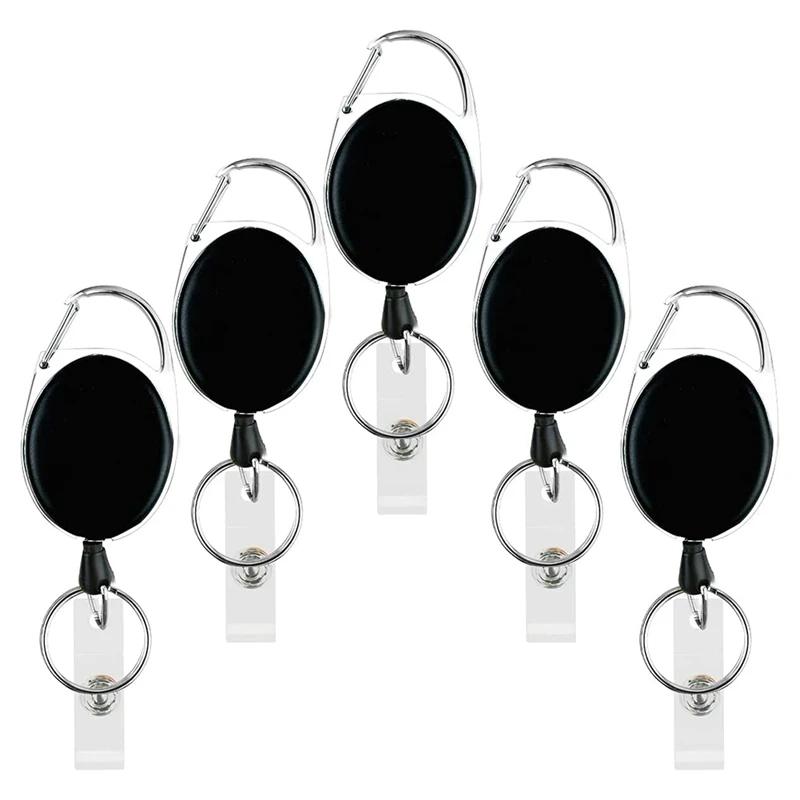 

5 Pack Heavy Duty Retractable Badge Reel Id Card Holder With Clip And Keyring Carabiner Keychain With Belt Clip Black