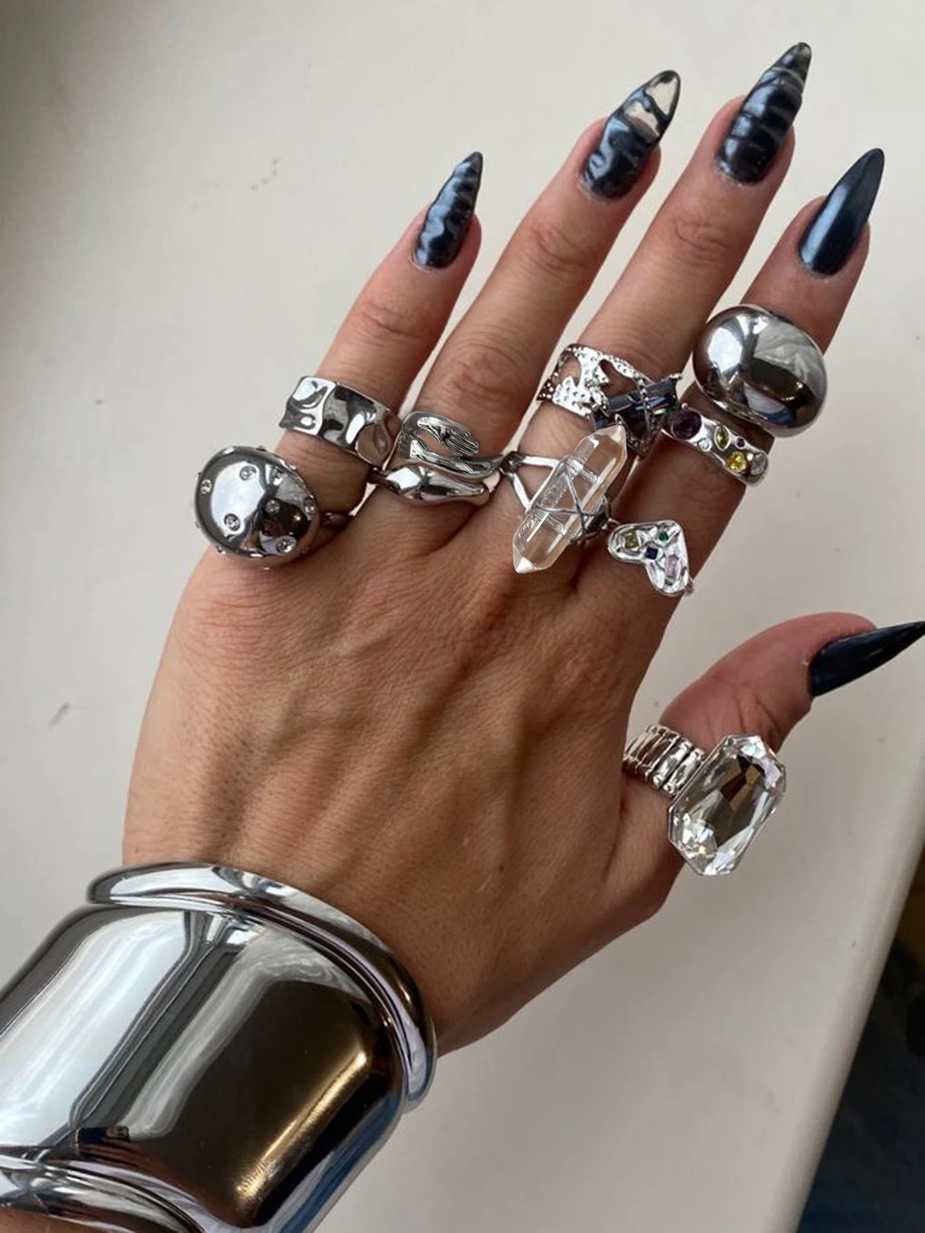 10PCS Personalized Hip Hop Color Synthetic Zircon Inlaid Ring Set for Women