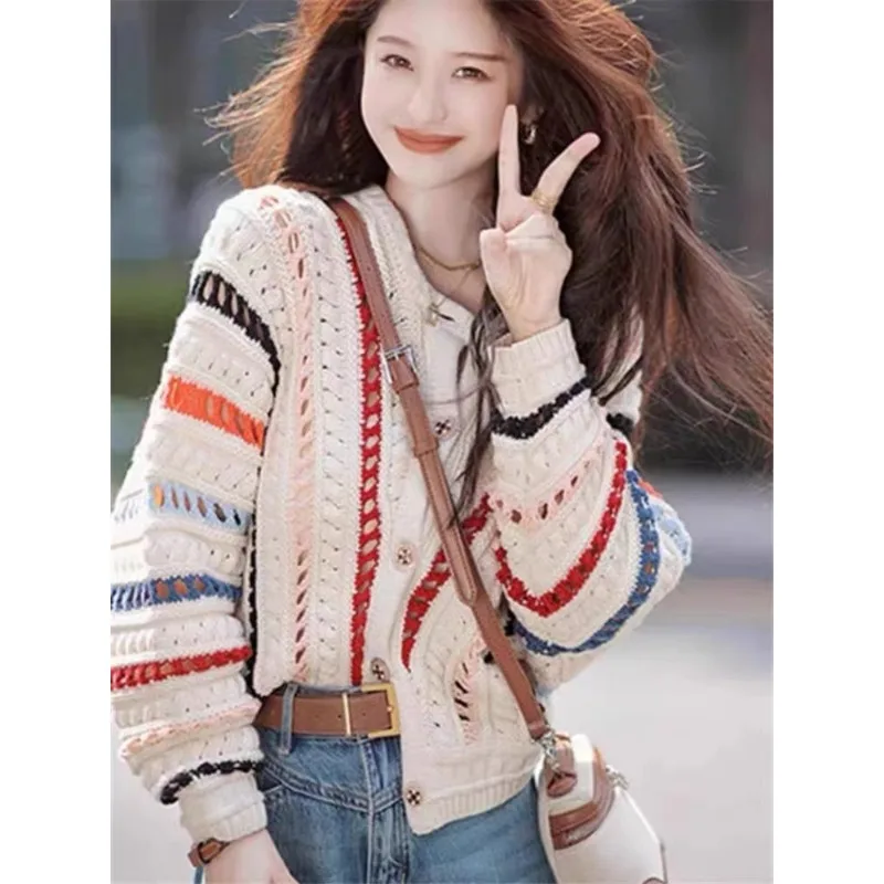 New Women's Striped Crew Neck Cardigan Lantern Sleeve Sweater Contrast Color Fashion Casual Women's Knitwear Autumn Winter Top