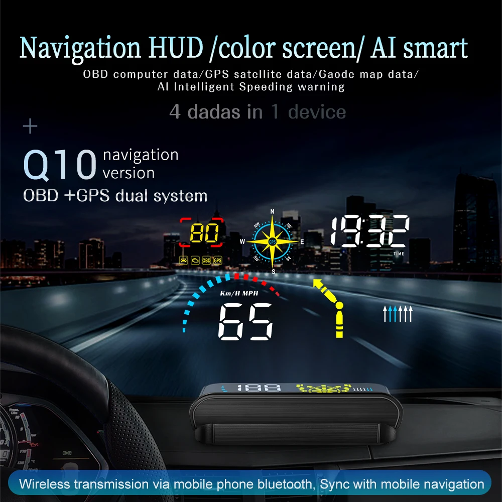Display Head-up per Auto da 5,5 Pollici con Luminosità Automatica Q10, Strumento Diagnostico Auto, Nuovo HUD con Navigazione OBD+GPS e App Mobile