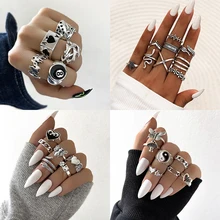  Vintage Bohemian Geometric Joint Ring Set For Women Punk Butterfly Flower Chain Finger Ring Set Fashion Gothic Jewelry Gift 