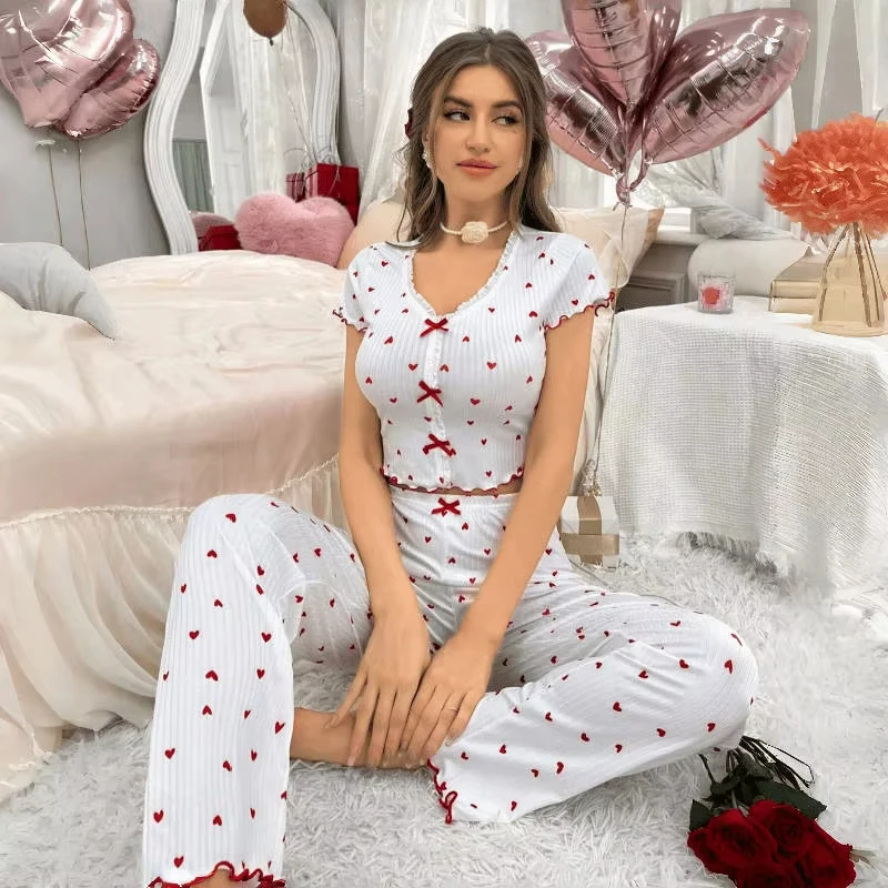 Spring Autumn Coquette Pajama Set Women Sexy Heart Print Ruffle Trim Crop Top Pants 2 Piece Y2K Aesthetic Loungewear Sleepwear