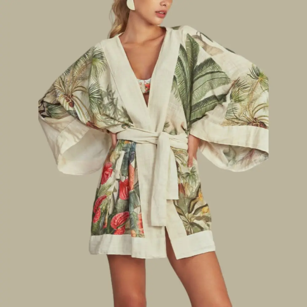 Beach Landscape Print Bikinis Green Plant Swimwear Senior Seaside Elegant Romantic Swimsuits 2024 Designer Women's Pants Suit