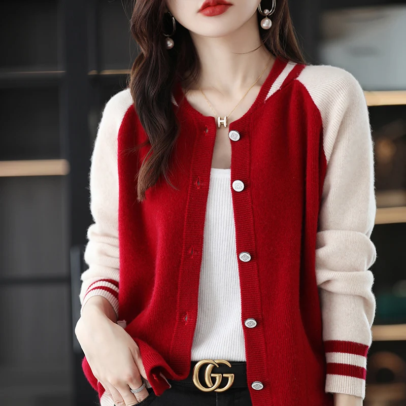 

100% wool cardigan women's round neck sweater casual color matching cashmere knitted autumn and winter coat loose all-match top