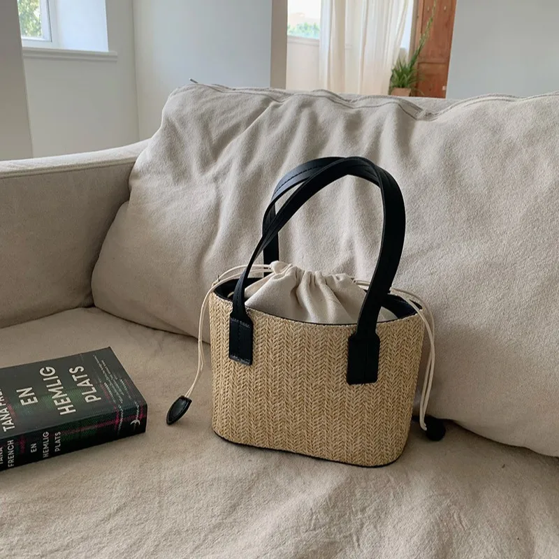 Woven Rattan Beach Bag Summer Style Handheld Shoulder Crossbody Bucket Bag for Women Vacation Travel Fashion