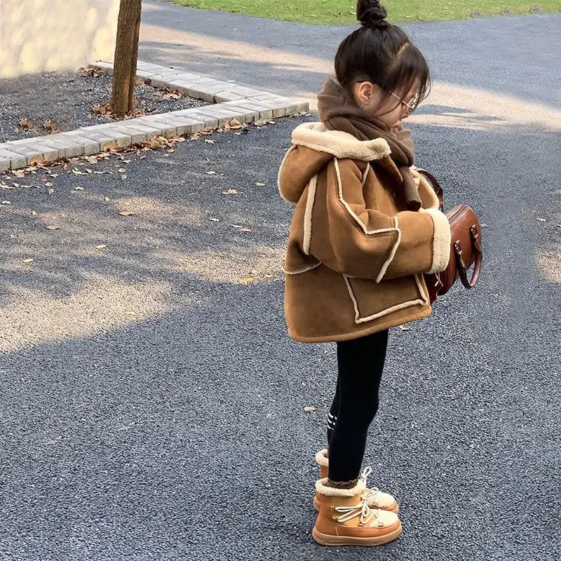 Children's Suede Jacket Autumn Winter Girls Korean Thick Fur One-piece Motorcycle Suit with Suede Double-sided Woolen Sweater