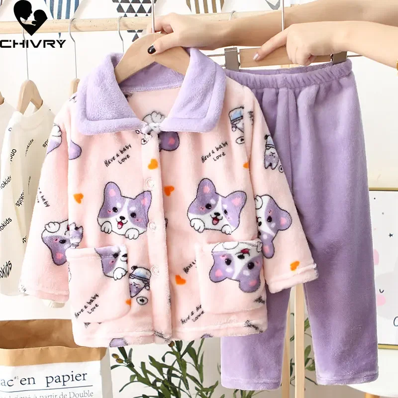 New Kids Boys Girls Autumn Winter Flannel Pajama Sets Cute Cartoon Long Sleeve Lapel Tops with Pants Baby Sleepwear Clothing