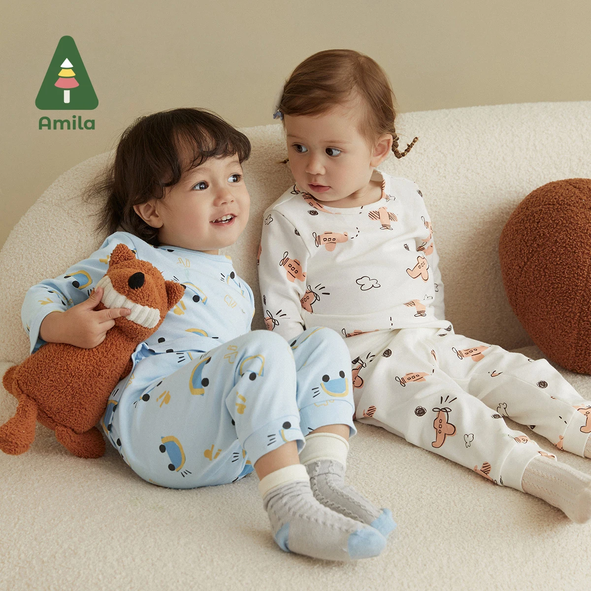 Amila Baby Underwear Set Autumn New Cartoon Full Print Cotton Soft Warm Kid Suit Girls and Boys Children's Clothes Cute