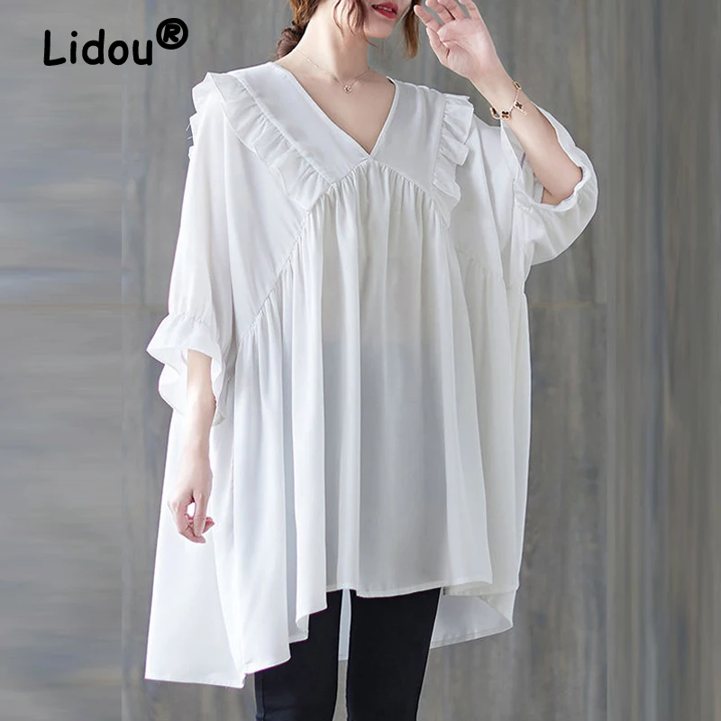 

Women Ruffle Asymmetrical Oversized Black White Blouses Summer Simple Casual Streetwear Middle Length Shirts V Neck Elegant Tops