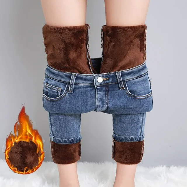 Jean thermique pour femme, pantalon crayon chaud et épais, extensible, mode coréenne, coupe cintrée, en velours et peluche, hiver 5