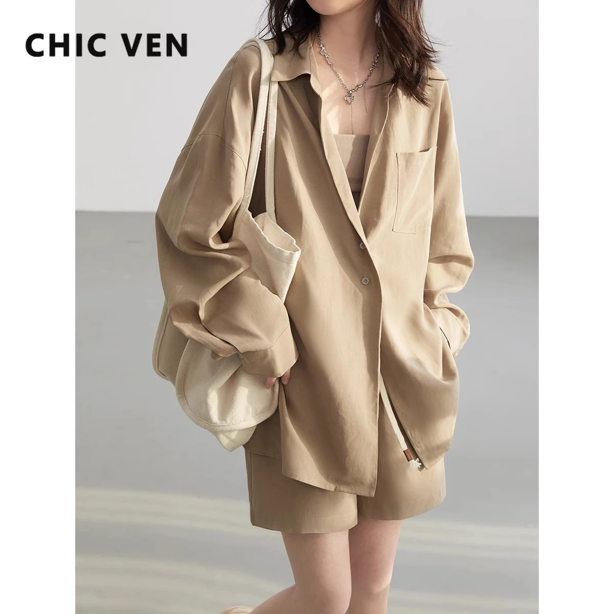 

CHIC VEN Women Shirts Solid Loose Casual Linen Shirt Female Blouse Drawstring Elastic High Waisted Shorts Spring Summer 2024