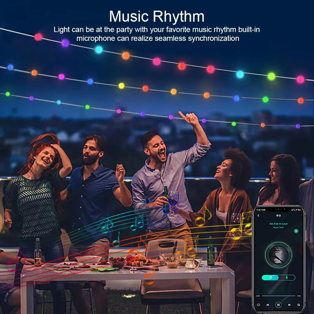 LED String Lights Outdoor RGB String Lights 10M 66Bulbs Smart APP Bluetooth Control LED Light String For Indoor Outdoor Party Christmas Decor