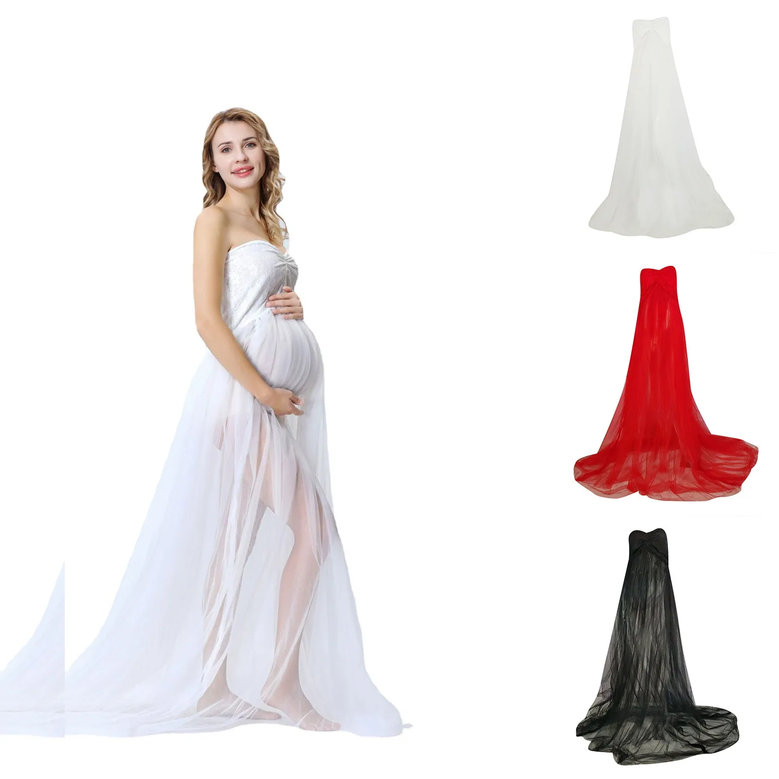 YIANN Abiti premaman con spalle scoperte Vestaglia lunga per servizio fotografico Tulle Increspature Abito di gravidanza per Baby Shower, Arancione, 38