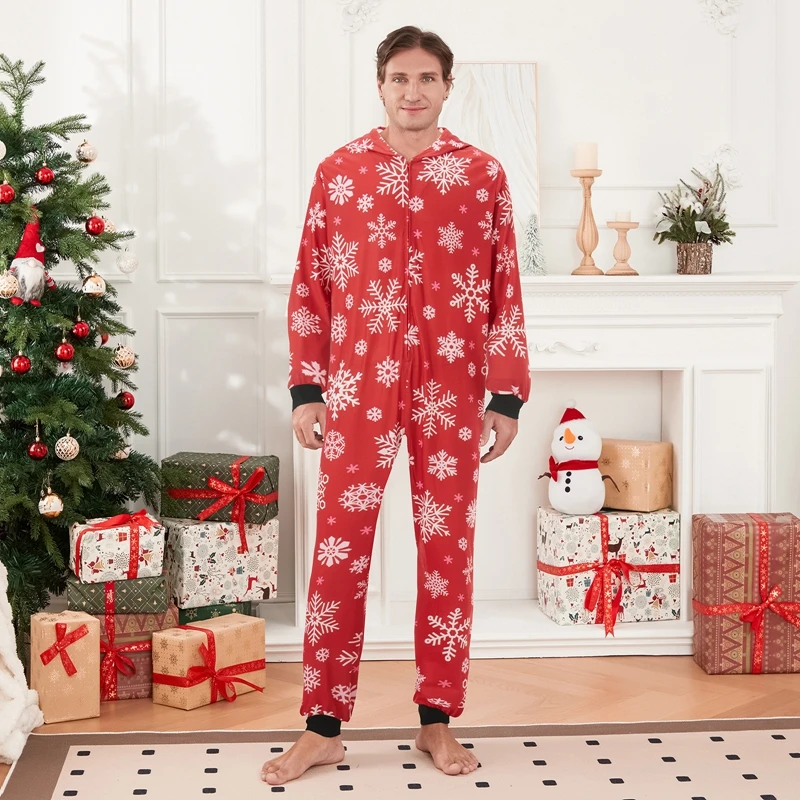 Family Matching Pajamas Christmas Casual Long Sleeve Jumpsuit Zip Hooded Romper Fall Winter Sleepwear