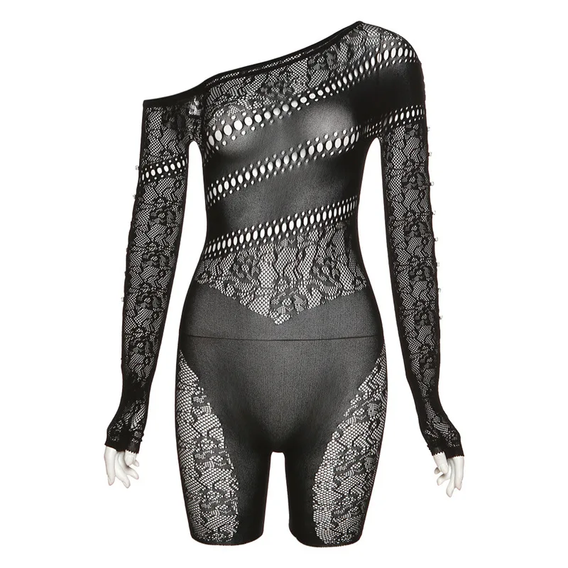 Sexy Mesh Perspective Hollow High Waist Long Sleeve Tight Bodysuit Shorts Playsuit 2023 Highstreet Girls  Jumpsuits Short Pants commuting 2023 summer women s bodysuit solid o neck sexy tight panels contrast mesh short sleeve woman jumpsuits without belt