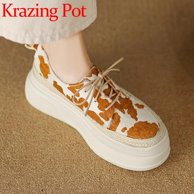 

Krazing Pot Hot Selling Horsehair Round Toe Thick High Heels Platform Leisure Cow Print Cross-tied Convenient Vulcanized Shoes