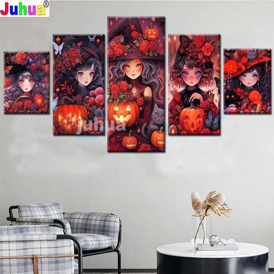 Red Rose Pumpkin Wizard Hat Girl 5D Diy Diamond Painting 5 Pezzi Set Full Diamond Art Forest Fairy Picture Decorazione Di Halloween