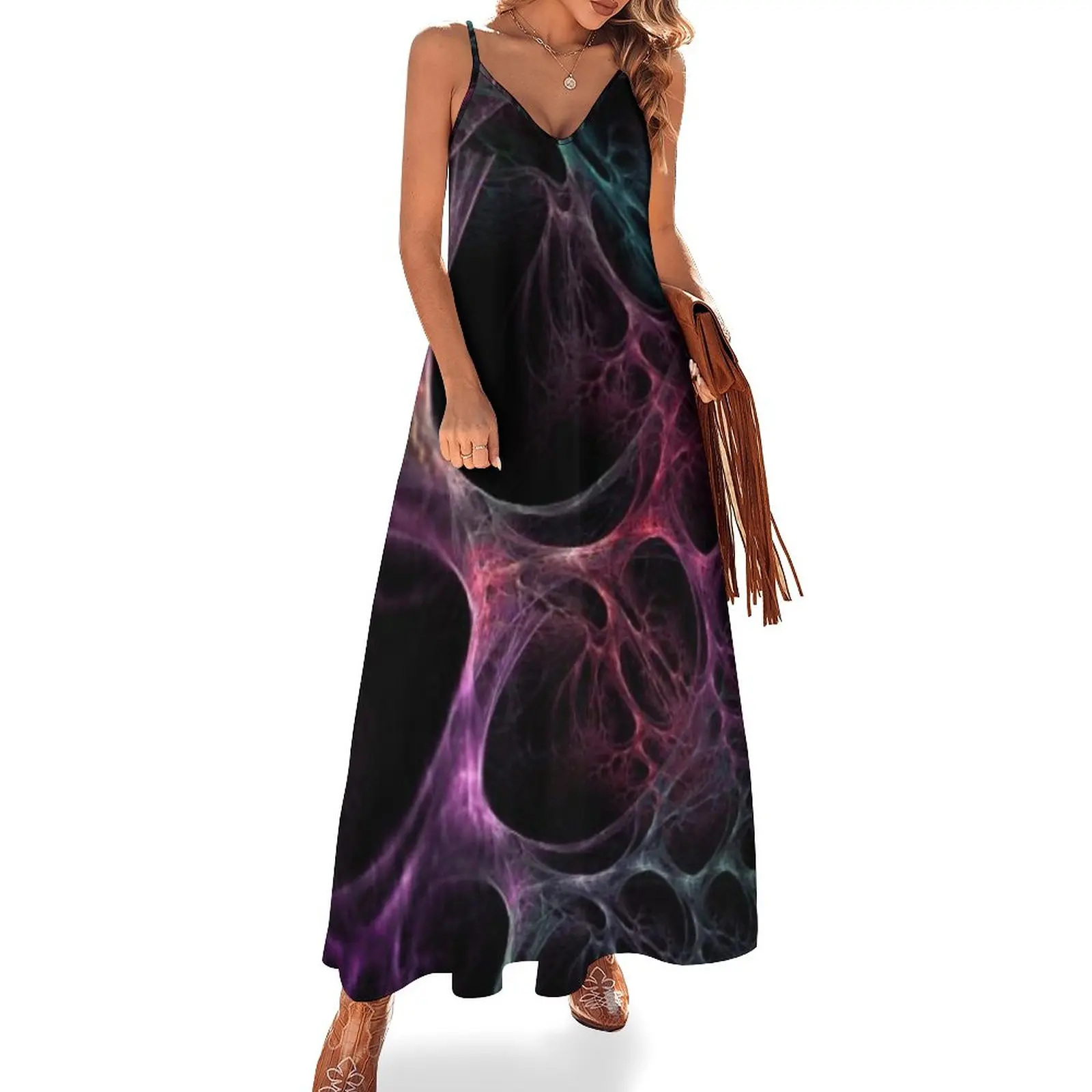

Summer Dresses for Women 2023 Loose Fit High Waist V-Neck Vestidos Cami Strap Smoke Colorful Print Casual Women Maxi Dress