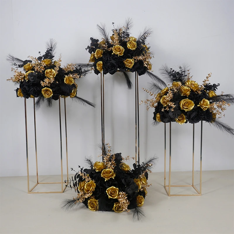 Centro de mesa de boda de oro negro, 80/60/40cm, bola, hoja de