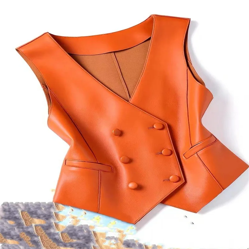 

2024 Spring and Autumn Fashion New Sheepskin Vest Double-Breasted Waistcoat Casual Loose Vest