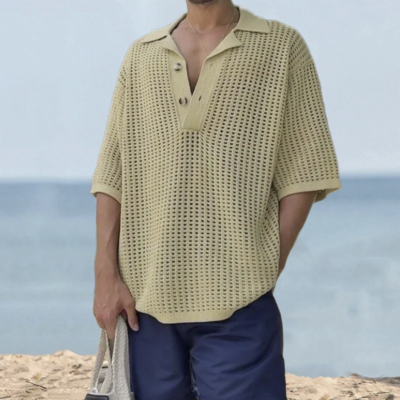 

2023 Spring Summer Mens Leisure Polo Shirts Solid Color Short Sleeve Button Lapel Knitting Tops Men Clothes Casual Loose Polos