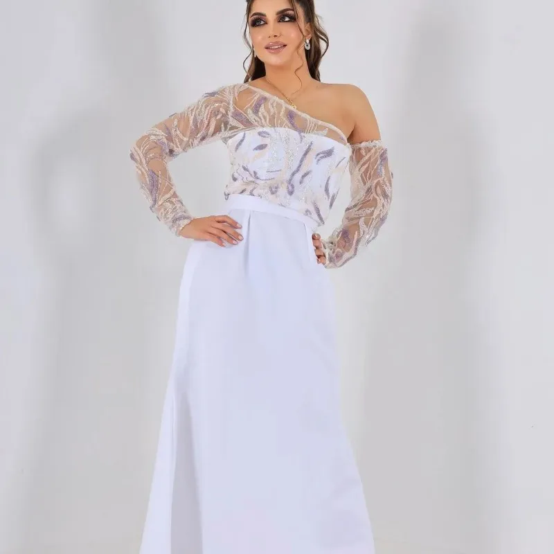 

Luxury White Mermaid Evening Dresses Gowns 2024 Beaded Crystal Off the Shoulder Long Sleeved Elegant For Woman Party