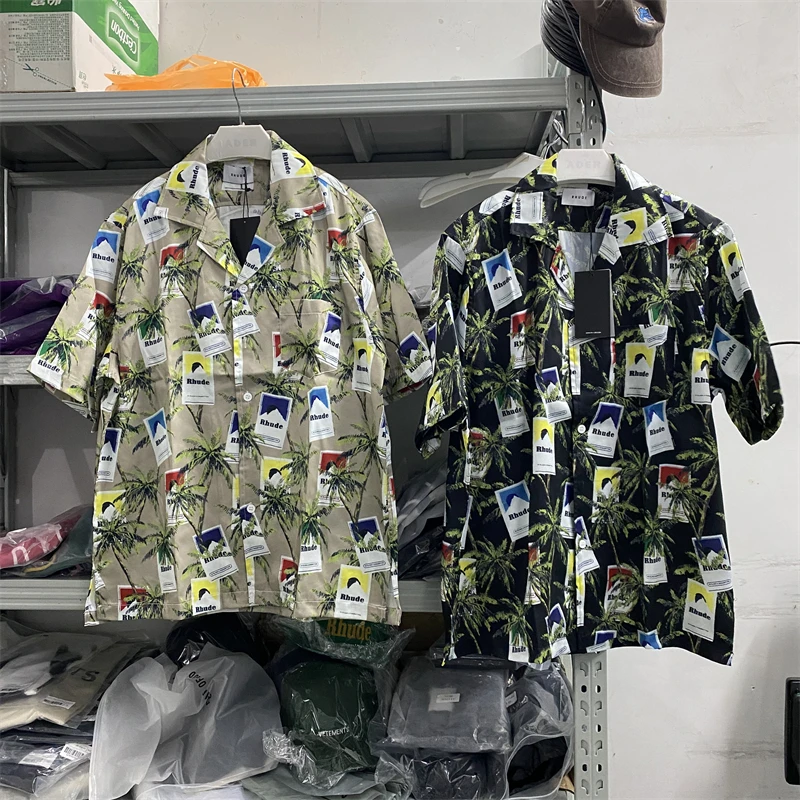 

Summer Moonlight Coconut Tree Full Rhude Shirts Men Women High Quality Rhude Logo Streetwear Oversize Short Sleeved Shirt Top