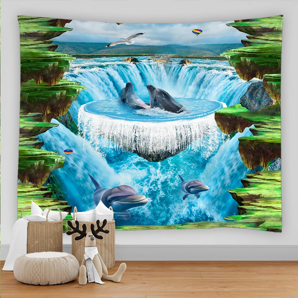 

Beautiful Blue Sea Ocean Dolphin Tapestry Wall Hanging Undersea World Tapestries Background Wall Cloth Mat Blanket Home Decor