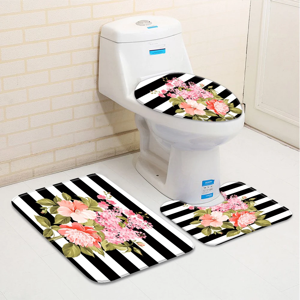 

Набор из 3 цветочных ковриков для ванной, черные, белые полосатые весенние розовые цветы, коврик для ванной из пены с эффектом памяти, U-образный ковер для унитаза