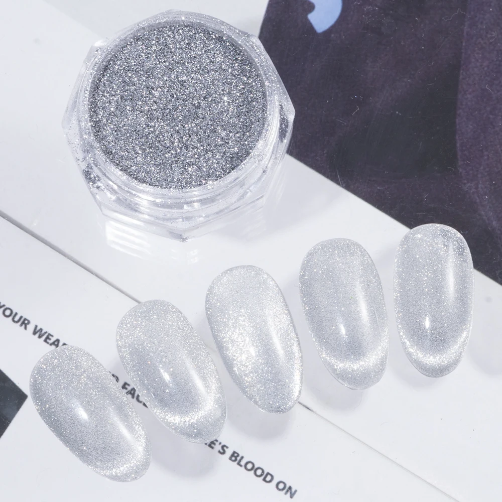 HNDO Silver Cat Eye Magnetic Powder Bright White Glitter Nail Art 3D Effect for Manicure Design Fine Particles Pigment Dust SD46