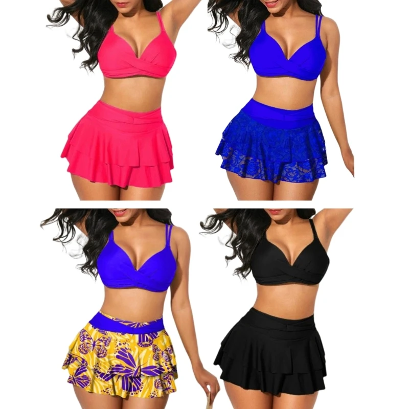 

2023 New Two Pieces Ruffle Swimsuit for Women Tummy-Control Bathing Suit Solid Color Swimwear-High Waisted Bikinis Set Beachwear