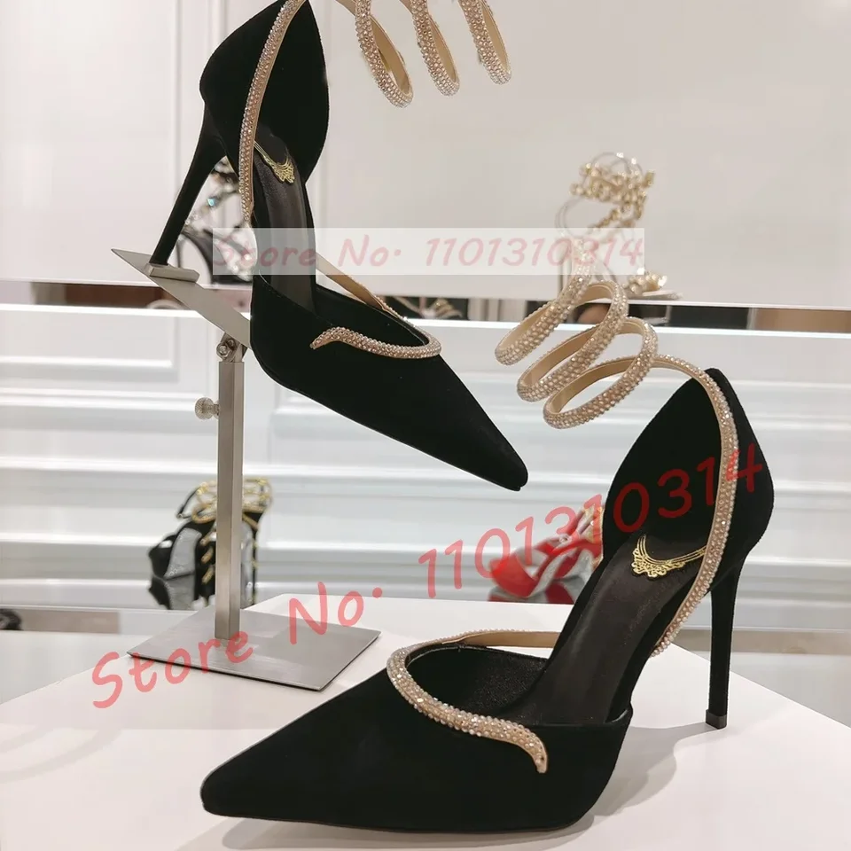 Gold Kristall Schlangen wickel Samt Pumps Damen trend ige elegante schwarze  spitze Zehen echte Leders andalen High Heels Abendkleid Schuhe - AliExpress, image size:960x960