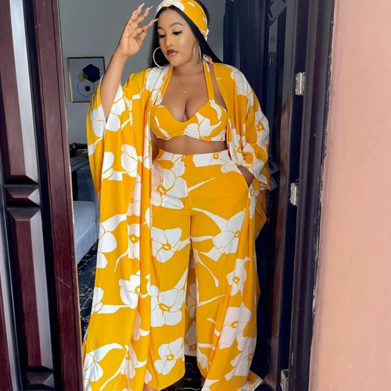 New Fashion Euramerican Women Style Batwing Sleeve Chiffon Suit Wide Leg And Cardigan Robe And Bra And Scarf Summer Beach Wear