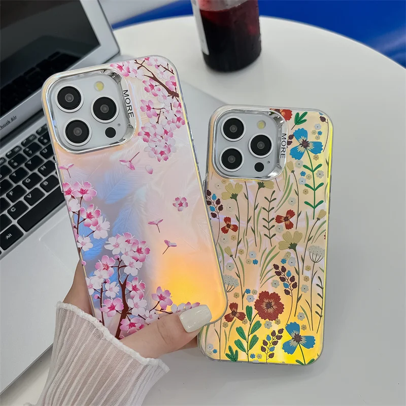 Coque de téléphone de luxe galvanisée à motif de fleur laser pour iPhone 16 15 14 13 Pro Max, coque arrière rigide antichoc en PC mat_voghion.com
