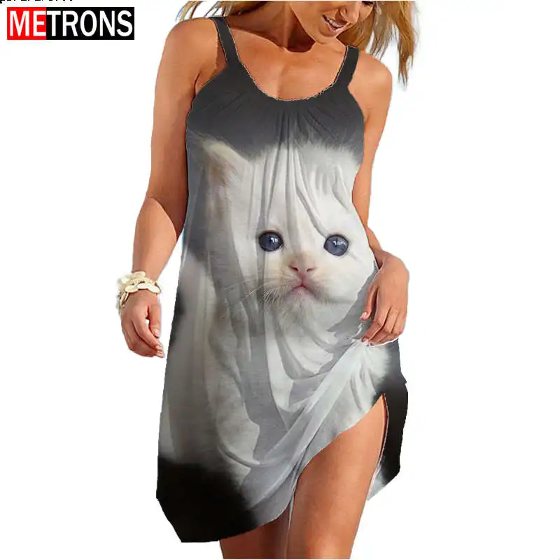 

2023 Fashion Hot Selling Women's Sling Dress 3D Print Pet Cat Summer Fashion Sleeveless Dress Street Dress Harajuku Casual Dress