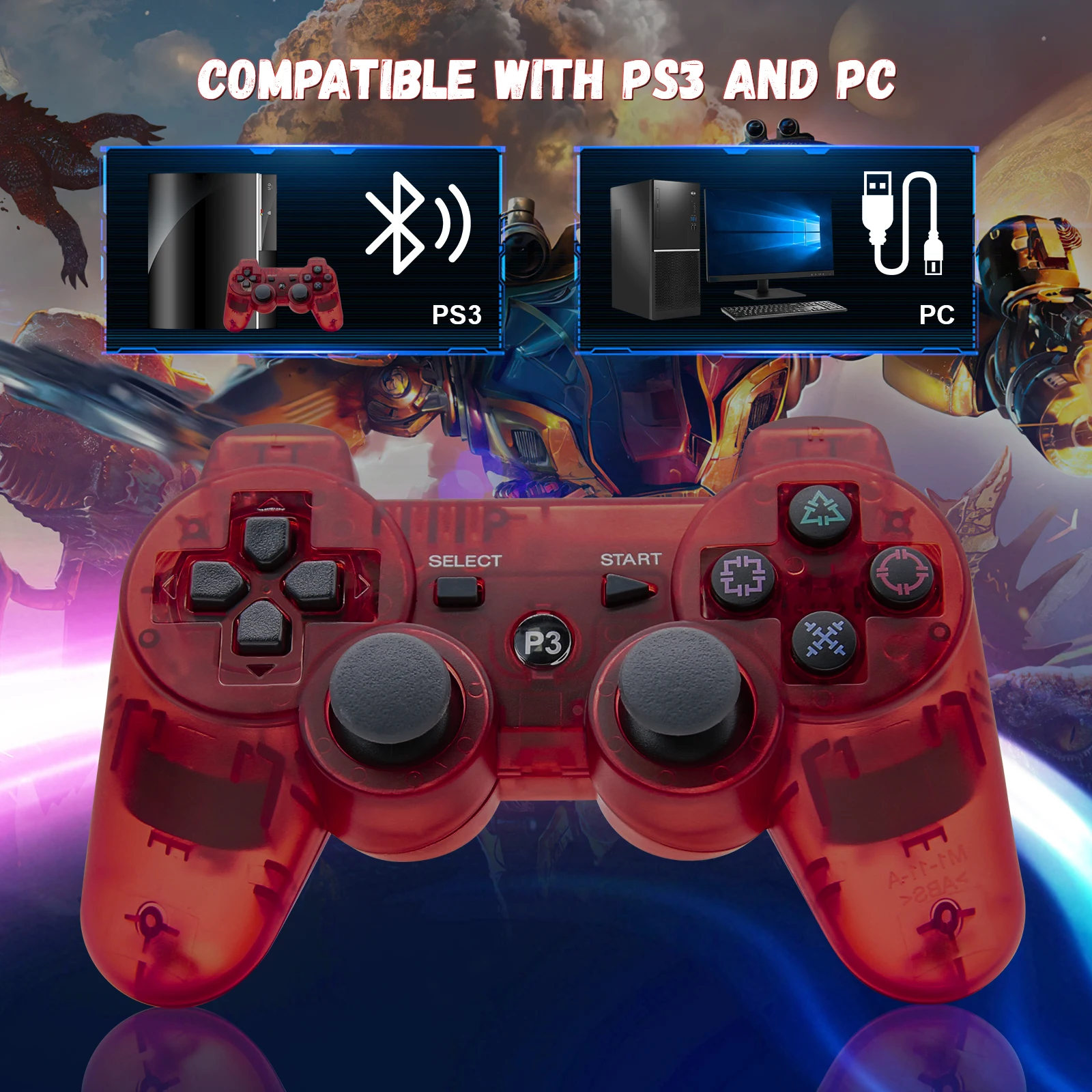 블루투스 호환 게임패드, PS3, PS4 무선 컨트롤러, 6 축 이중 진동 조이스틱, RGB 조명 PC 제어