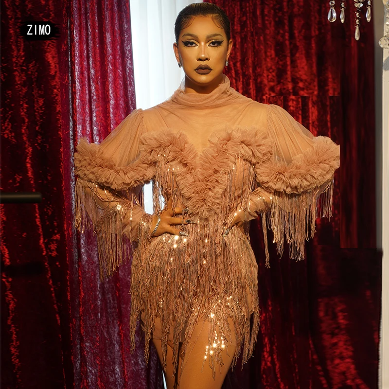 

Модное блестящее платье с кисточками, пикантное Сетчатое прозрачное дизайнерское платье цвета шампанского, одежда для вечерние ринки, клуба, дня рождения, бахрома, длинный рукав, drag queen