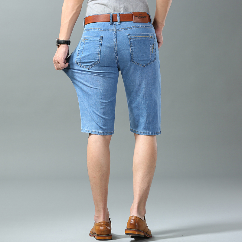 New Summer Men's Denim Shorts Fashion Solid Color Casual Loose Multi-pocket Straight Five-minute Pants Elastic Knee Shorts