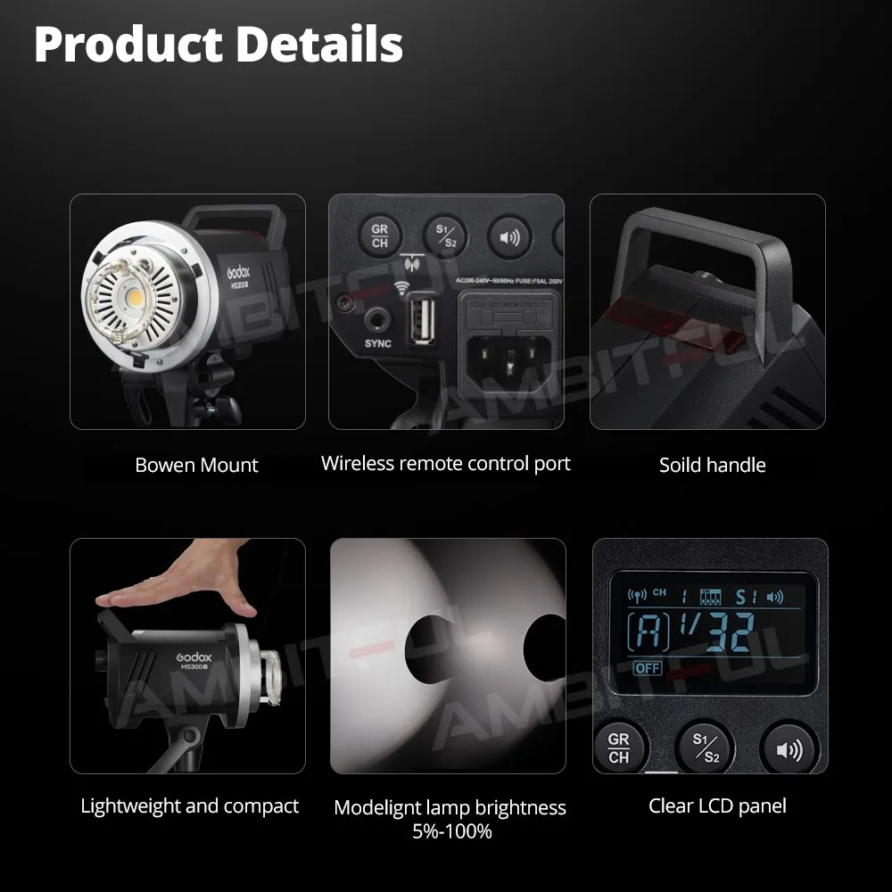 Camera Flash Godox 200W MS200V 300W MS300V LED Studio Flash Built-in 2.4G Wireless Receiver Lightweight Compact Bowens Mount LED Modeling Lam