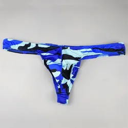 Camouflage Print Men's Pouch Thong Underwear - Sexy Convex Design, Plus Size - XXL (Blue Camouflage)