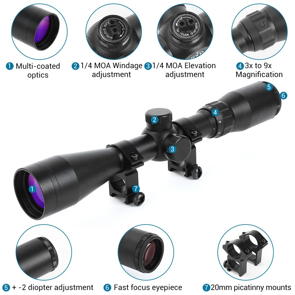 3-9x40 Tactical Riflescope HD Purple Lens Crosshair