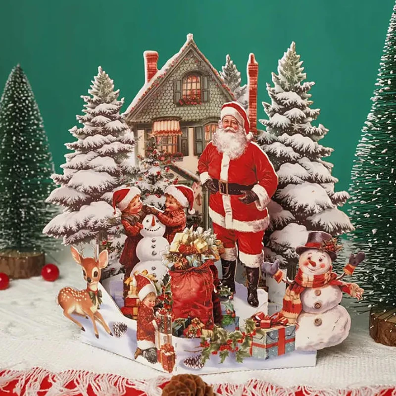 Description Picture 6 of item3D Christmas Card Night Before Christmas Scene With Santa, Reindeer, Snowy Village & Moonlit Sky Festive Holiday Greeting Card F