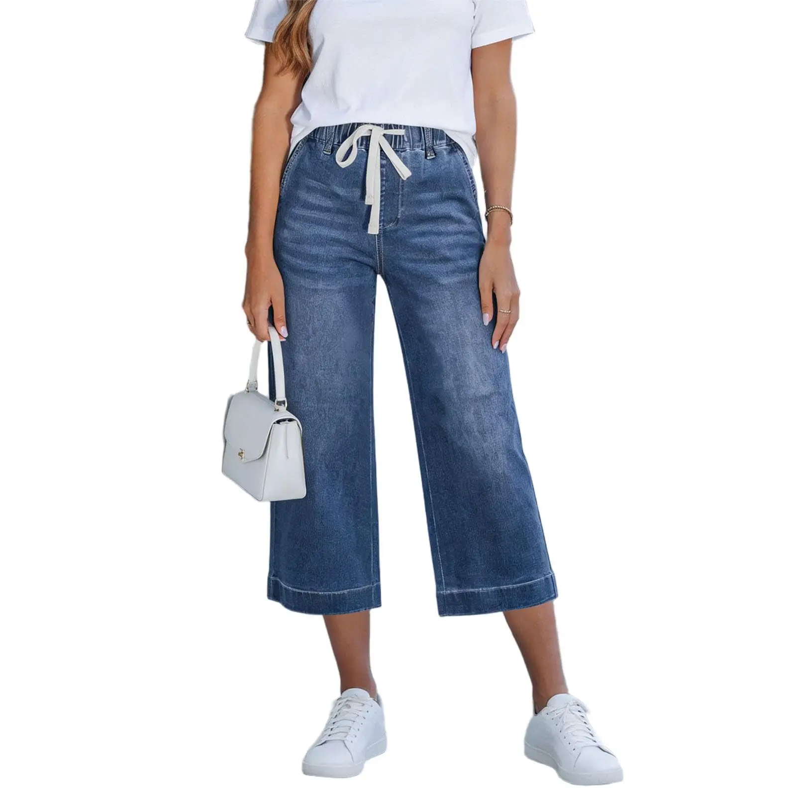 Capri Pants For Women Summer Drawstring Elastic Waist Jeans Female Straight Casual Wide Leg Trousers Streetwear Denim Capris - 4