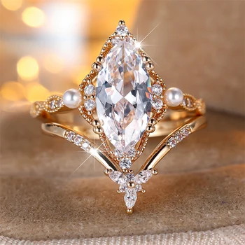 Marquise Stone White Zircon Simulated Pearl Ring Sets For Women Vintage Gold Color Engagement Rings Wedding Jewelry Bridal Set