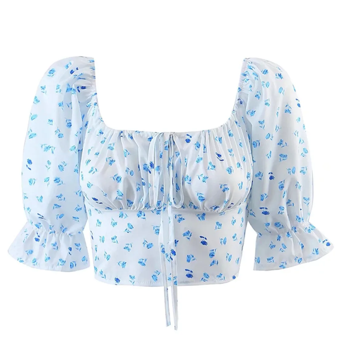 

Withered French Style Fashion Casual Blouse Women Vintage Blue Floral Print Elastic Square Collar Sexy Short Shirts Tops
