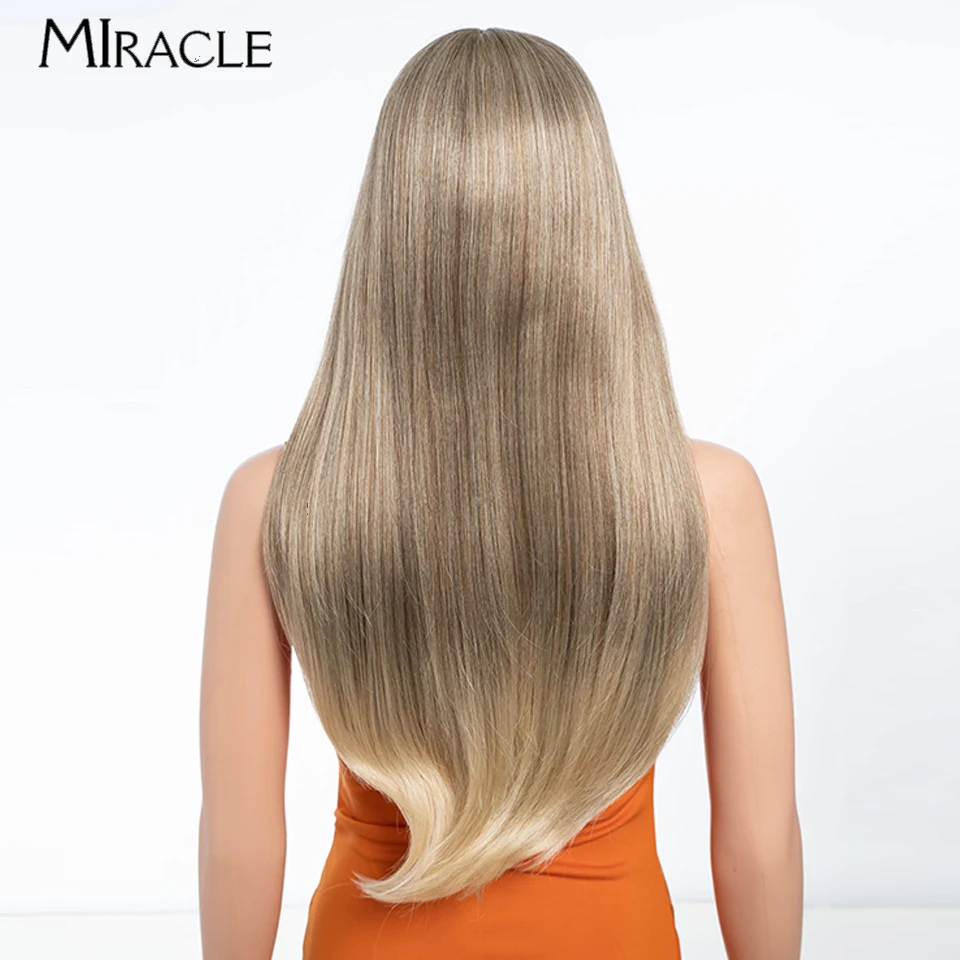 24 Inch Synthetic Lace Front Wig for Women Straight Lace Wigs With Bangs Heat Resistant Cosplay Wig Highlight Blonde