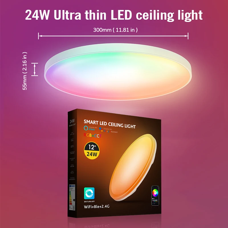 Ultra Thin Smart LED Ceiling Light with Audio Music Play - Round Chandelier, 24W/30W, Bluetooth & WiFi Enabled Indoor Lamp