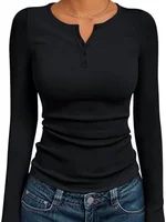 Fashionable Women's Long Sleeve Slim Fit Autumn 2025 Henry Collar T-Shirt Ribbed Basic Style Top for Ladies - Image 4