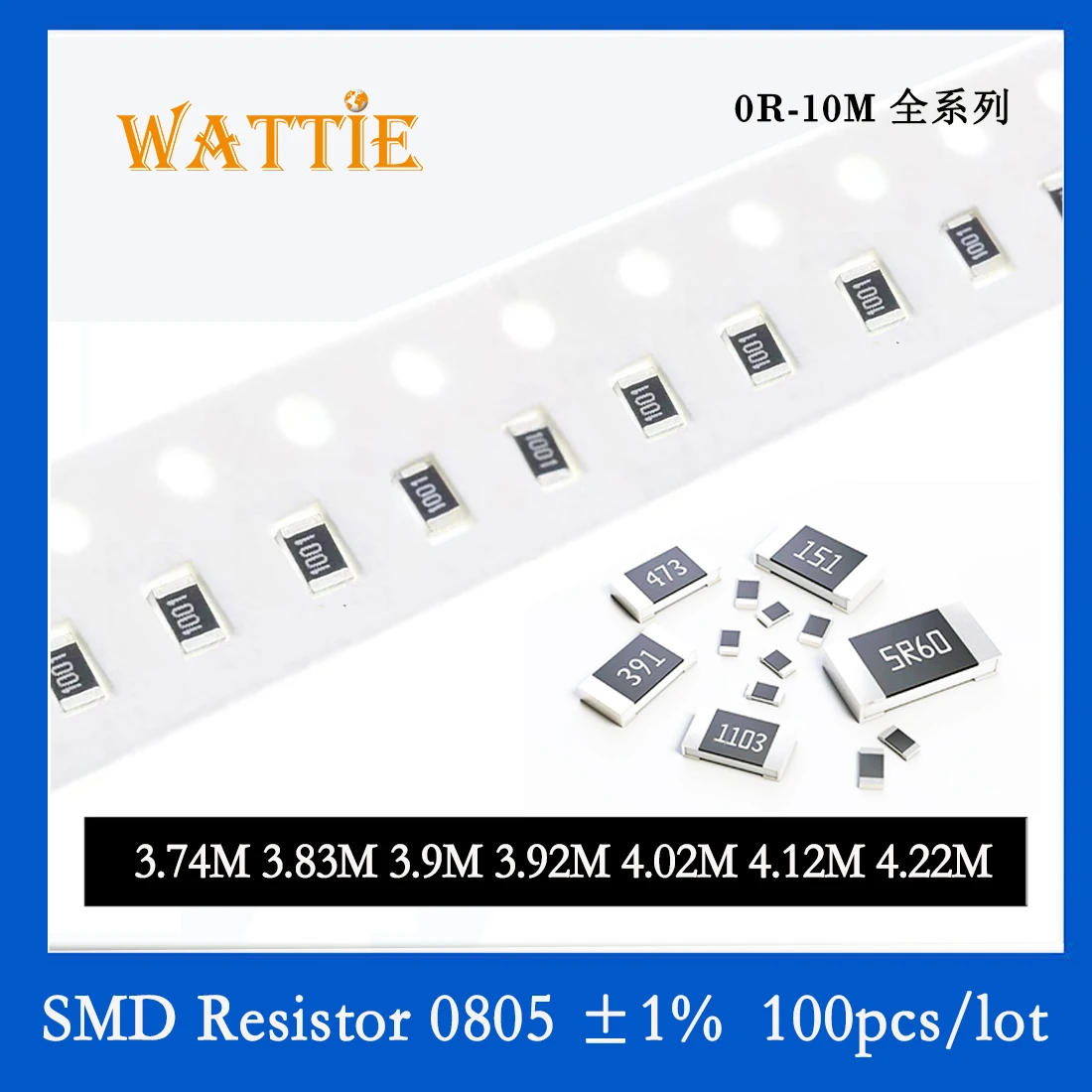 

SMD Resistor 0805 1% 3.74M 3.83M 3.9M 3.92M 4.02M 4.12M 4.22M 100PCS/lot chip resistors 1/8W 2.0mm*1.2mm